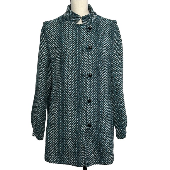 Sharilove Fashions Long Coat L Blue Tweed Lined Vintage - Picture 2 of 7